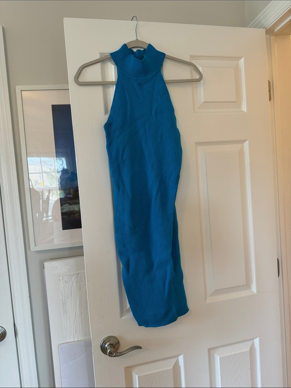 Line & Dot Ribbed High-Neck Midi Dress in Teal